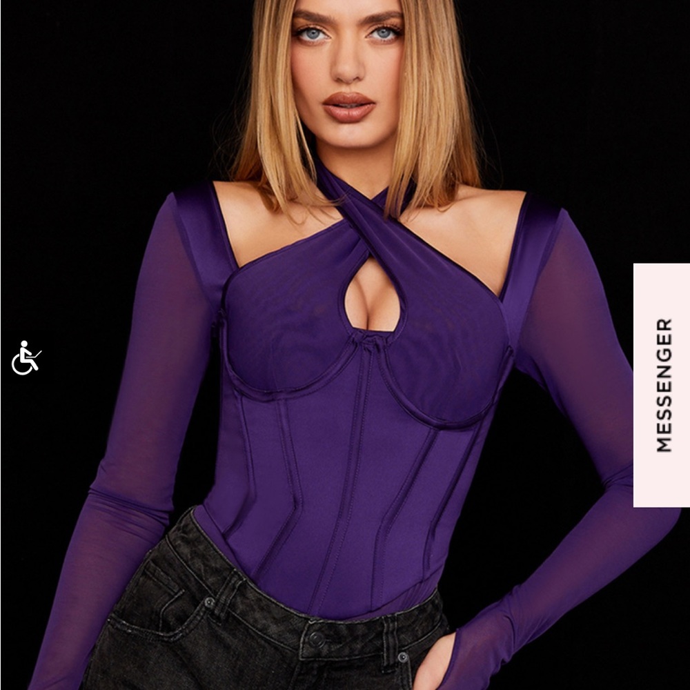 House of CB Purple Cross-Neck Long Sleeve Corset Top